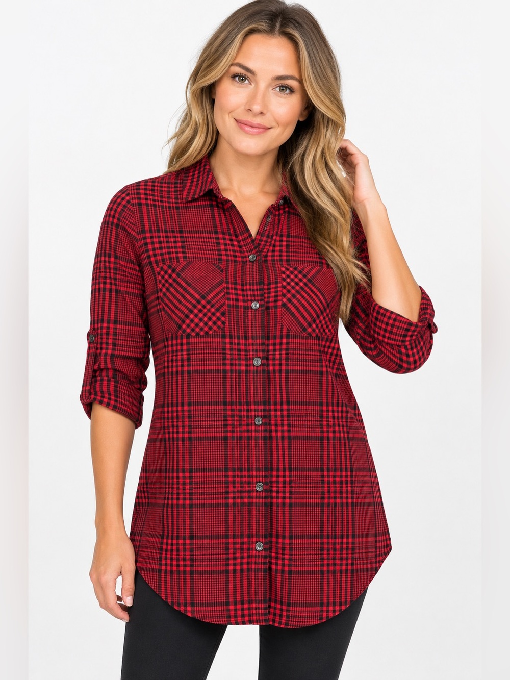 Victoria’s Secret Womens XS Red Black Plaid Tunic Shirt Button Down